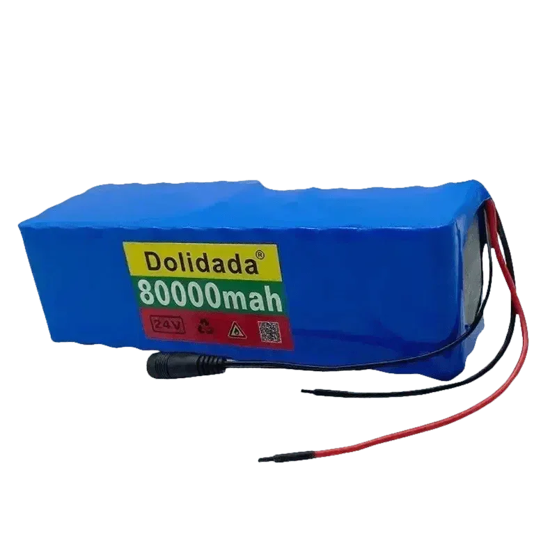 Side view of blue scooter battery pack showing power cables and connection port.