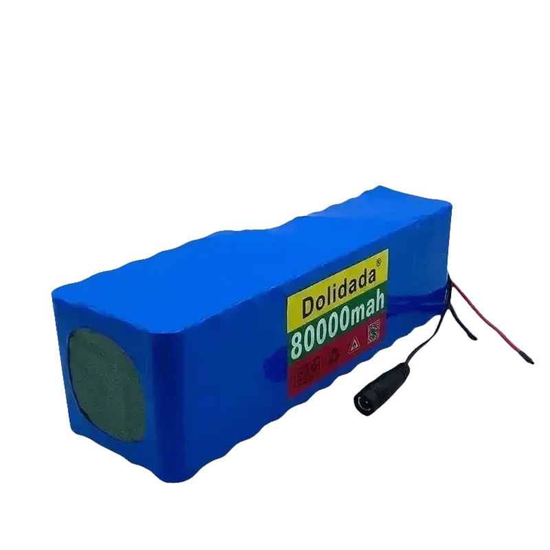 Close-up of blue 24V 80Ah scooter battery pack showing attached connector.