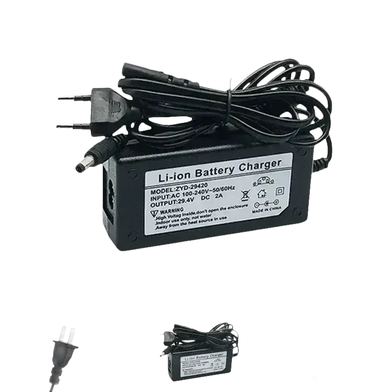 Green battery charger unit designed for lithium-ion scooter batteries.