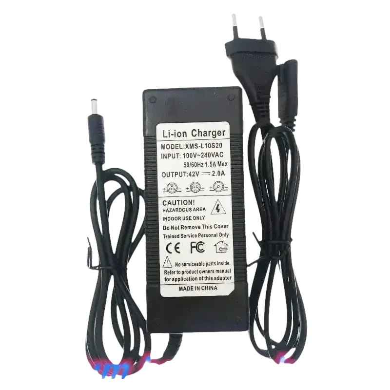 Black 42V charger for e-bike battery alongside blue 36V 14Ah lithium-ion battery pack.