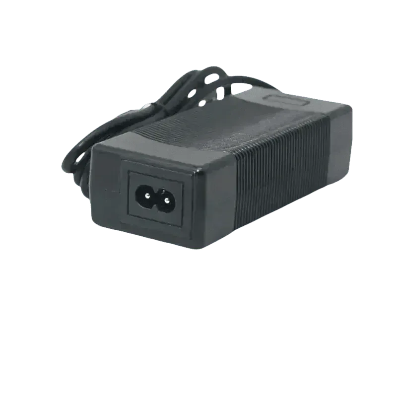 Black power adapter and blue 36V 14Ah lithium-ion battery for e-bike on a white surface.