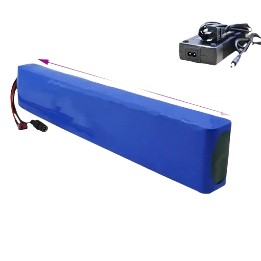 Blue 36V 14Ah lithium-ion e-bike battery pack with charger, rectangular shape, shown on white background.