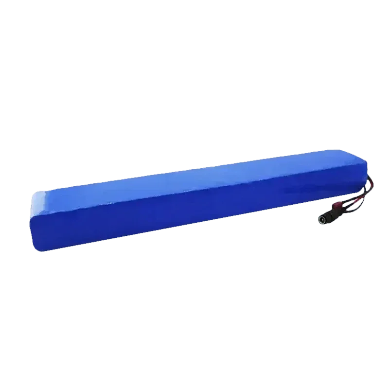 Close-up view of blue 36V 14Ah lithium-ion battery for e-bikes with charger, displaying battery details.