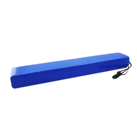 Close-up view of blue 36V 14Ah lithium-ion battery for e-bikes with charger, displaying battery details.