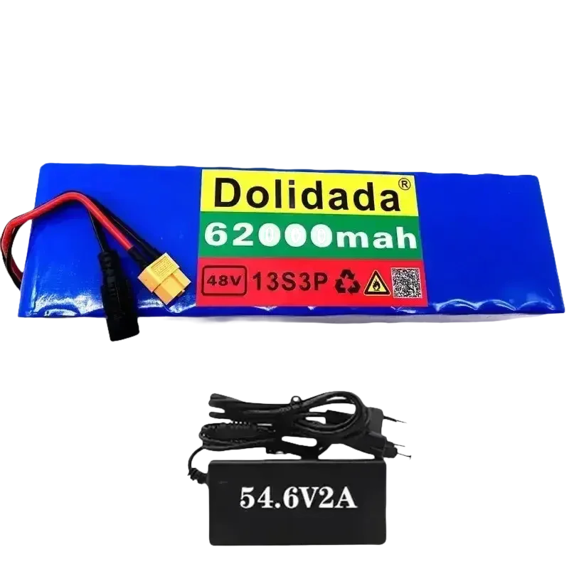 Single black charger unit for the Blue 48V 62Ah lithium battery, shown from an angle.