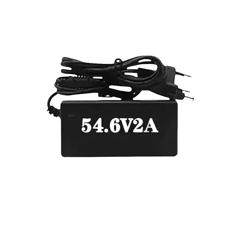 Black power charger plugged in, designed for charging the Blue 48V 62Ah lithium battery.