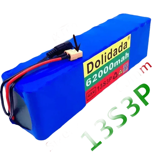 Blue 48V 62Ah lithium battery pack designed for electric bikes and scooters, shown on white background.