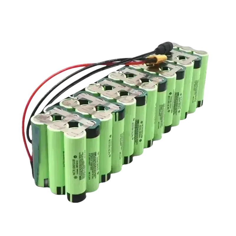 Green wires attached to blue lithium battery pack, highlighting connection cables for e-bike.
