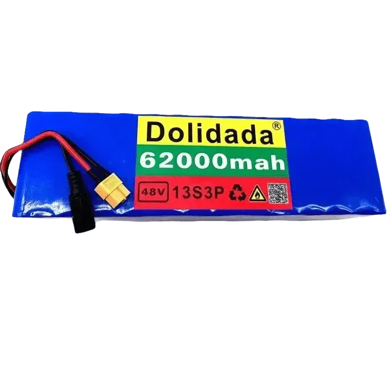 Rectangular blue lithium battery pack with attached connectors for e-bike power supply.