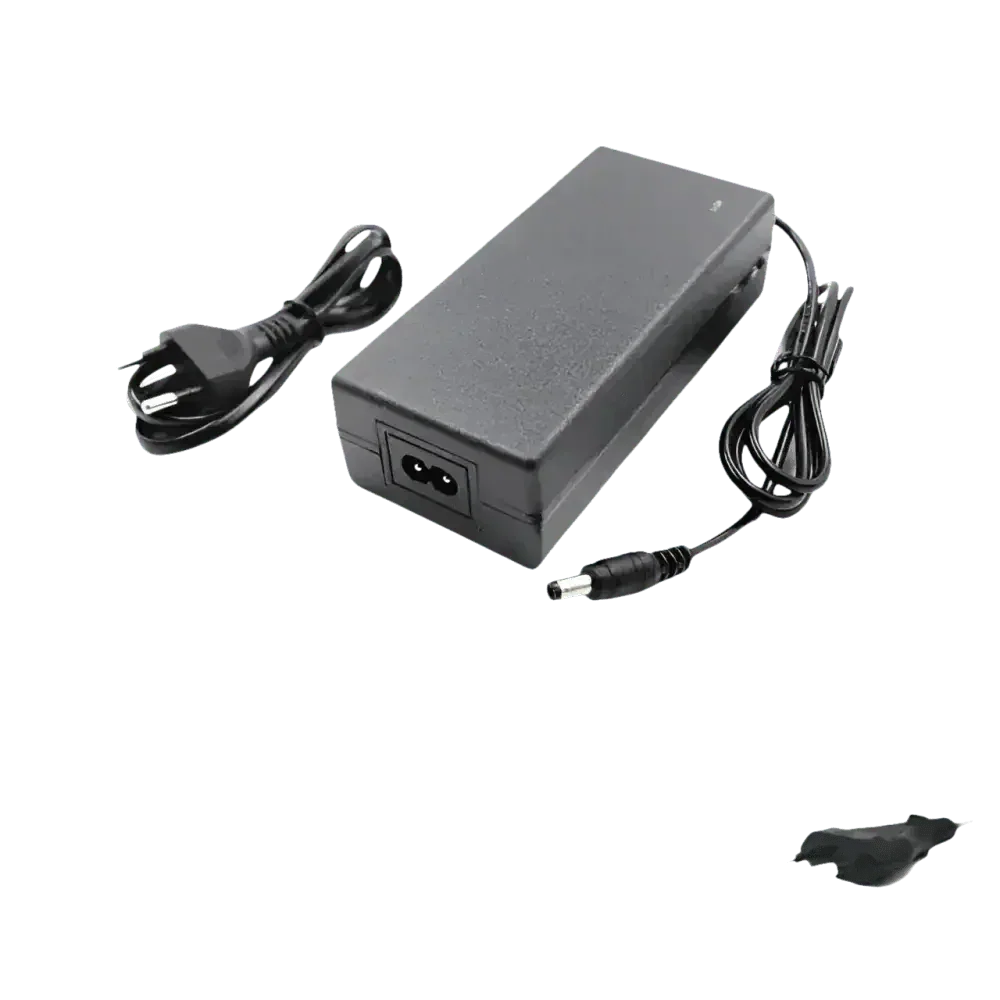 Side view of black and blue 54.6V lithium-ion battery pack for e-bike with charger on white backdrop.