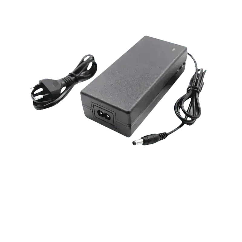 Black power switch and cable connection on the blue 48V 90Ah lithium-ion e-bike battery pack.