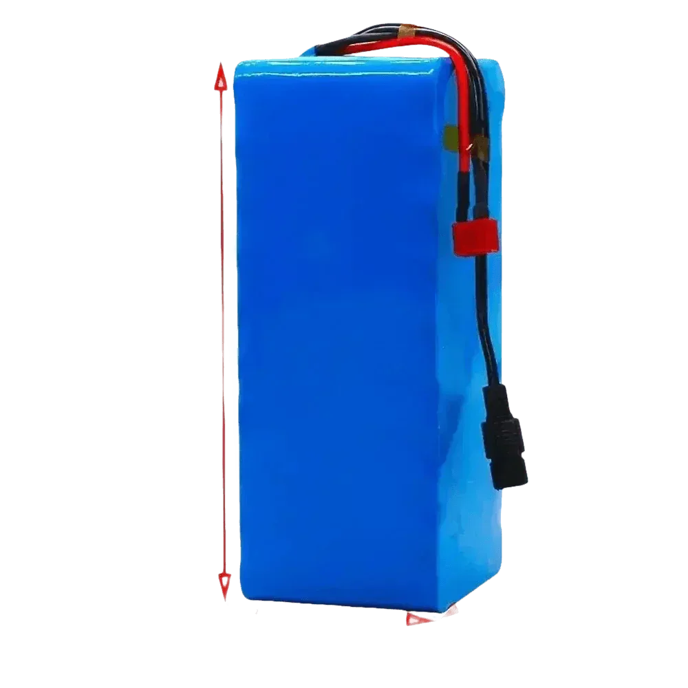 Dimensions of blue 48V 90Ah lithium battery pack shown with a measuring tape on white backdrop.