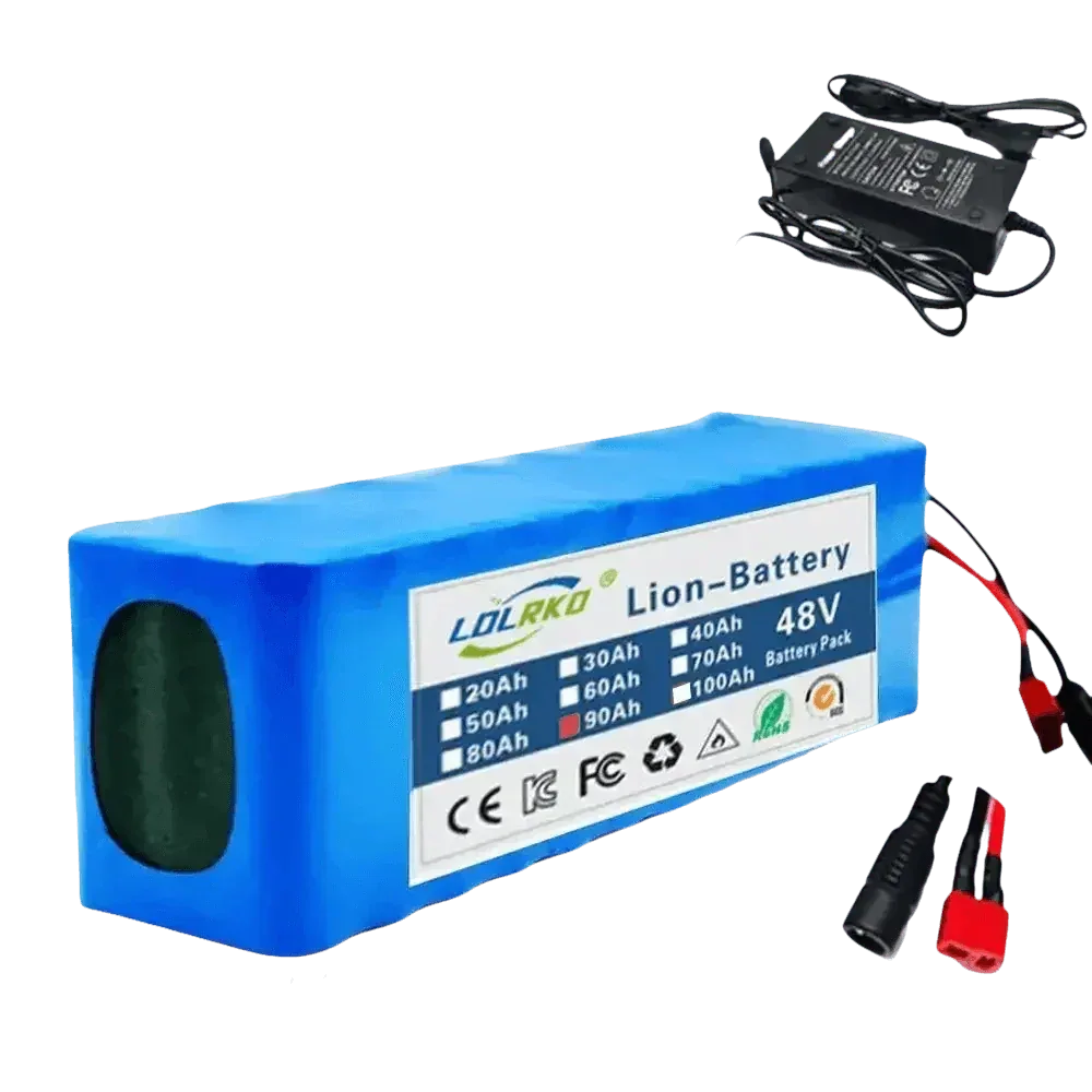 Blue 48V 90Ah lithium-ion battery pack for e-bike with attached charger cable on white background.