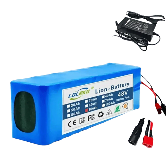 Blue 48V 90Ah lithium-ion battery pack for e-bike with attached charger cable on white background.