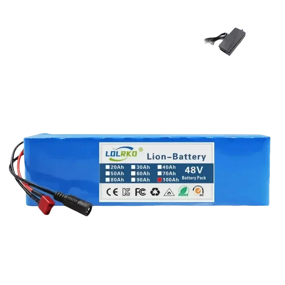 Battery cells inside the blue 48V 90Ah lithium-ion battery pack displayed with wiring.