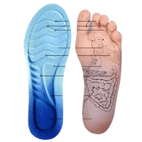 Side angle of blue and white insole displaying flexible shock-absorbing features.