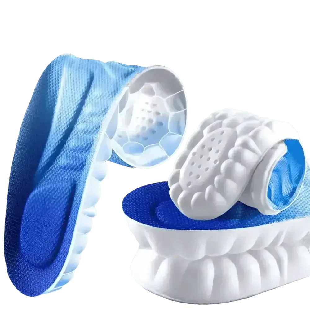 Pair of blue and white breathable sports insoles designed for athletic footwear comfort.