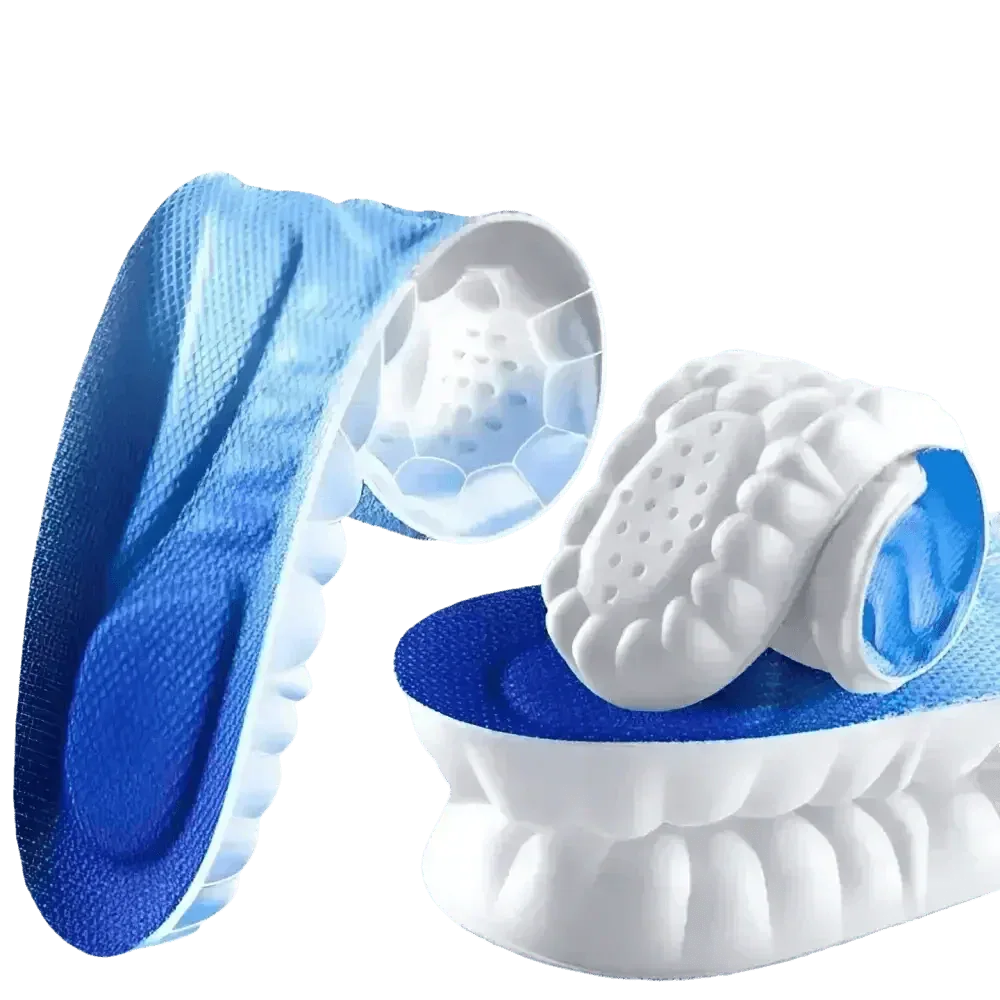 Blue and white sports insoles showing breathable surface and shock absorption design.