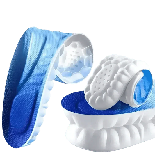 Blue and white sports insoles showing breathable surface and shock absorption design.
