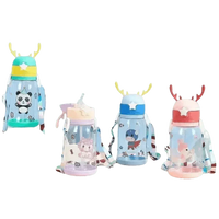 Side view of blue dinosaur water sippy cup with creative cartoon antlers and one-click lid