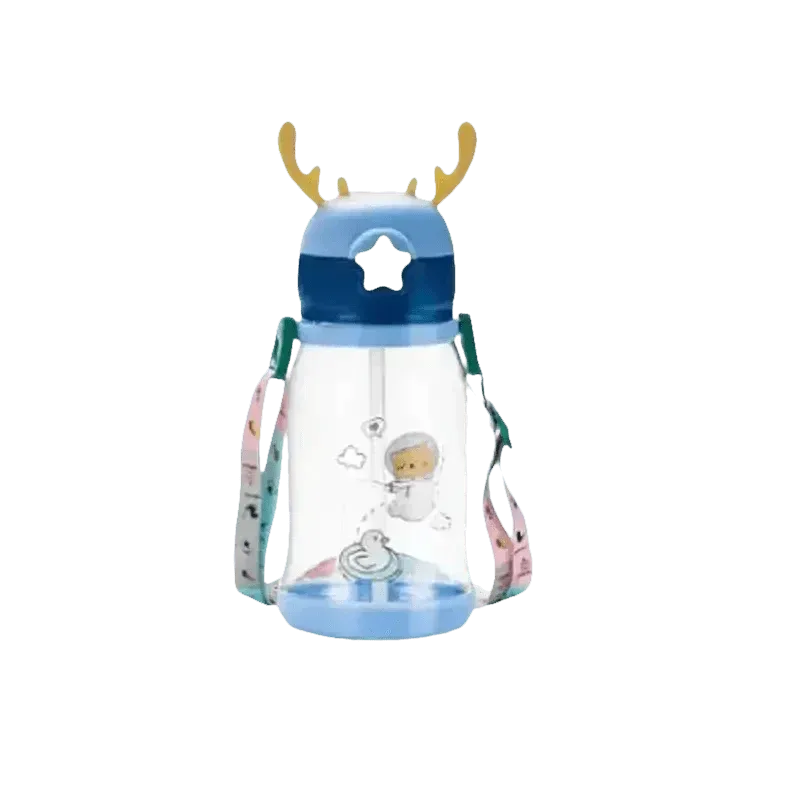 Blue dinosaur antler sippy cup positioned on white surface showing cartoon design