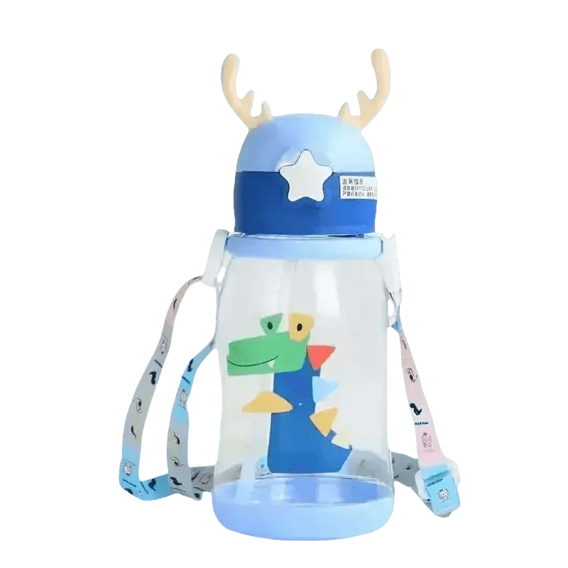 Blue dinosaur-shaped sippy cup with antler design and spill-proof straw for kids