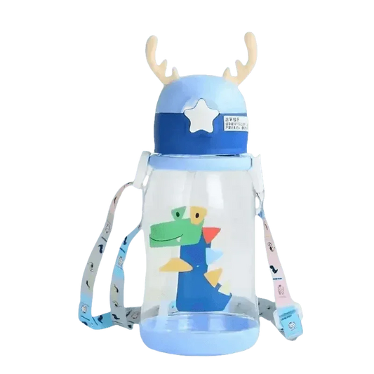 Blue dinosaur-shaped sippy cup with antler design and spill-proof straw for kids