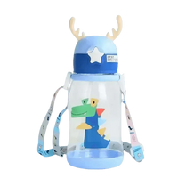Blue dinosaur-shaped sippy cup with antler design and spill-proof straw for kids