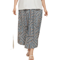 Close-up of model showing blue geometric pleated skirt in deep teal, highlighting skirt's texture and pleats.