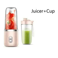 Blue portable blender cup with fresh fruit pieces ready for blending inside.