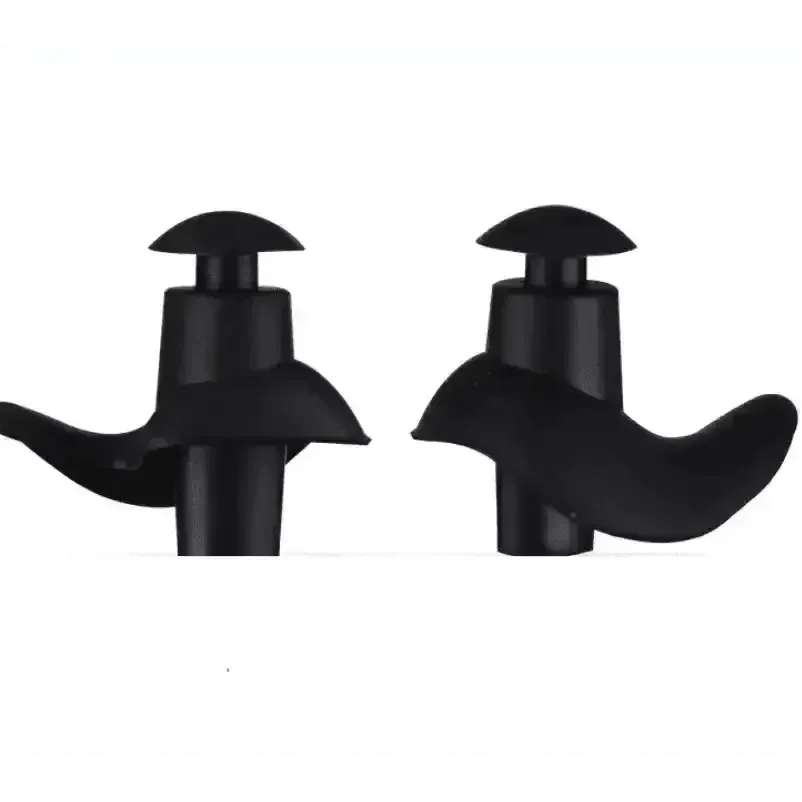 Set of black silicone earplugs for water sports with a smooth, comfortable finish.