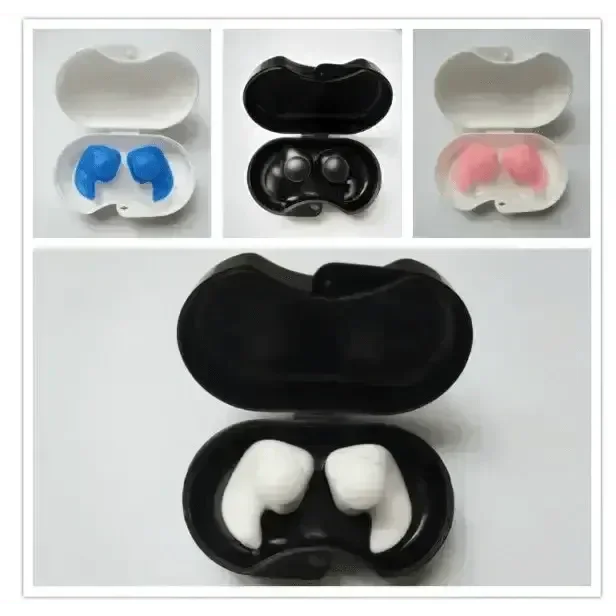 Blue silicone earplugs displayed individually with focus on water-resistant surface.