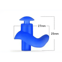 Close-up of blue silicone water sports earplugs showing smooth shape and flexible material.