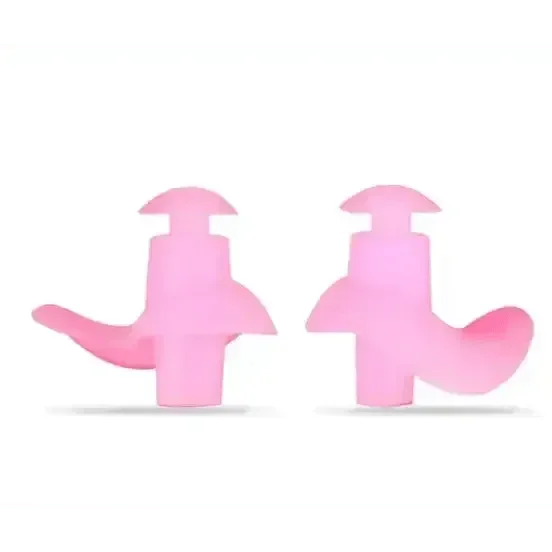 Pair of pink silicone water sports earplugs, hypoallergenic and flexible on white background.