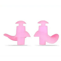 Pair of pink silicone water sports earplugs, hypoallergenic and flexible on white background.