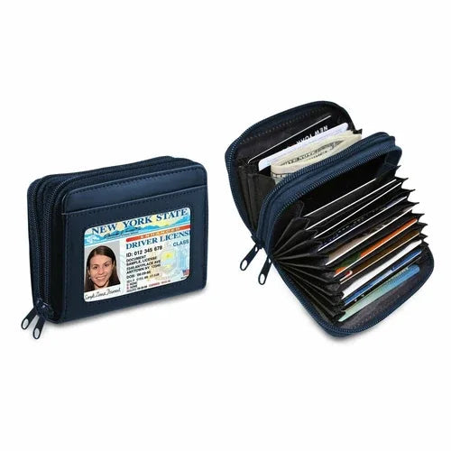 Blue genuine leather wallet with keychain and ID display window, showcasing compact travel design.