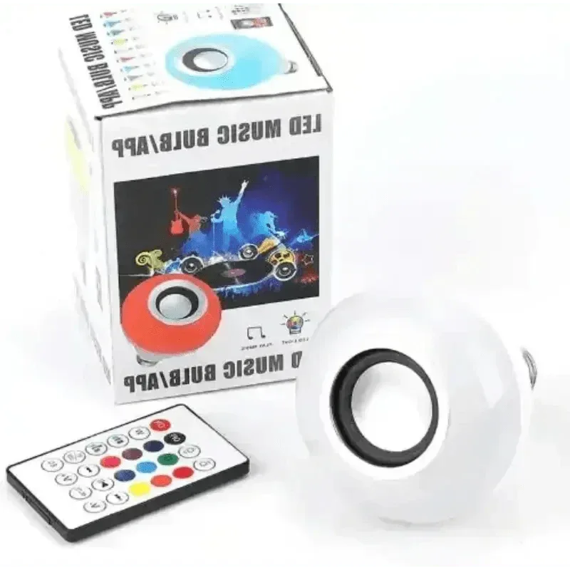Bluetooth Music Bulb RGBW smart light bulb emitting colorful ambient light in a dark room.