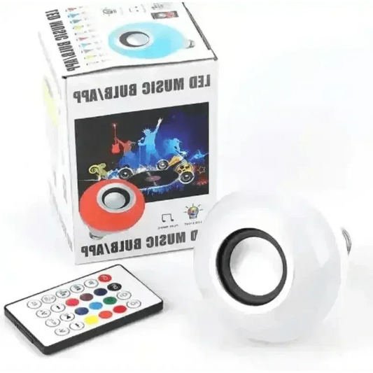 Bluetooth Music Bulb RGBW smart light bulb emitting colorful ambient light in a dark room.