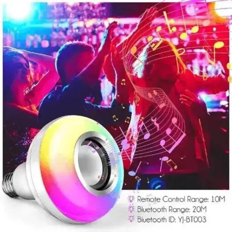 Smart bulb glowing blue with music notes illustrating Bluetooth audio feature.