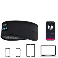 Person wearing blue Bluetooth sleeping headphone headband while lying on pillow with eyes closed.