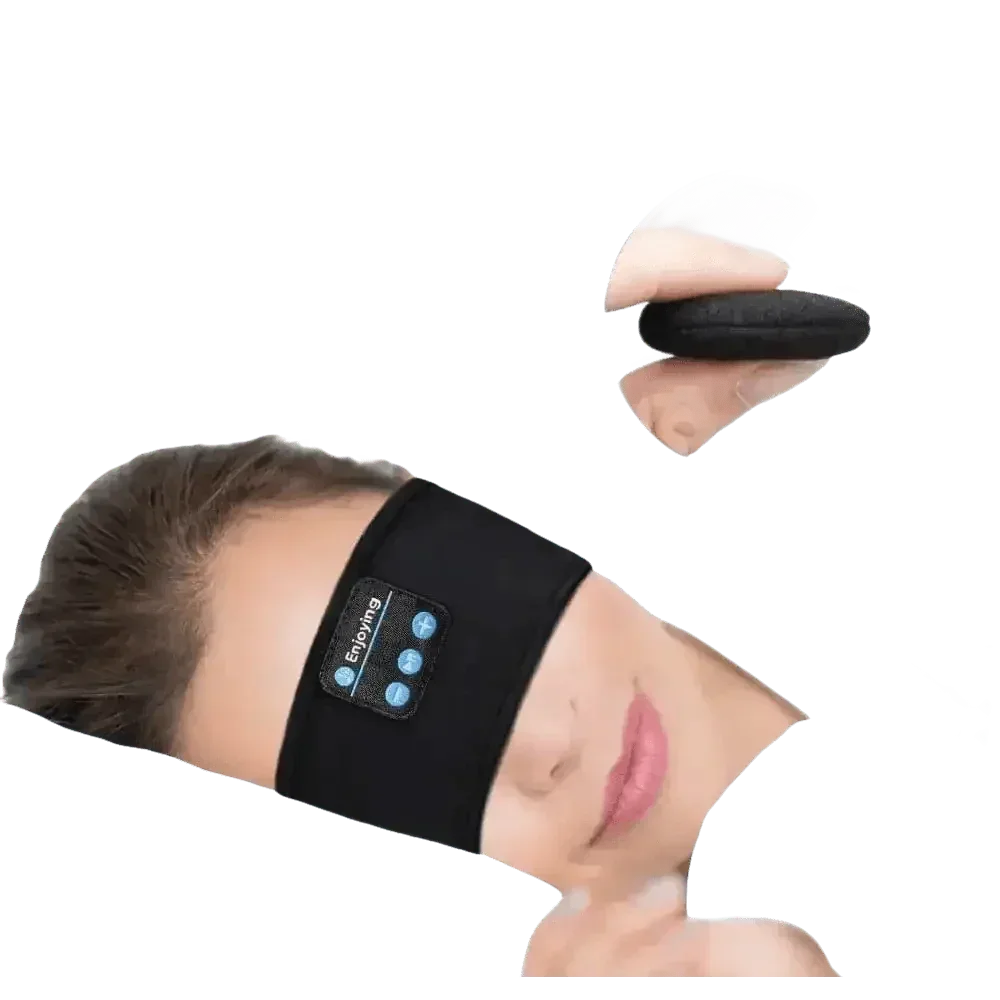 Model sleeping on side wearing gray Bluetooth sleeping headphone headband.