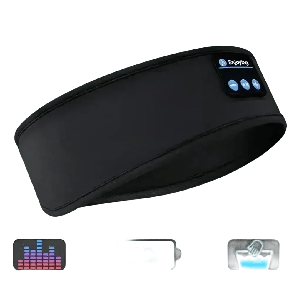 Black Bluetooth sleeping headphone headband displayed flat with fabric texture visible.