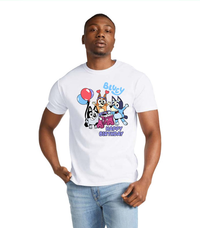 Artwork reference on a sample garment; selected model, color and print placement may differ · Bluey Happy Birthday | Tee, Sweatshirt & Hoodie