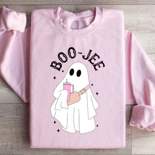 Light pink Boo Jee sweatshirt displayed flat with a subtle peachy Sunday t-shirt graphic.
