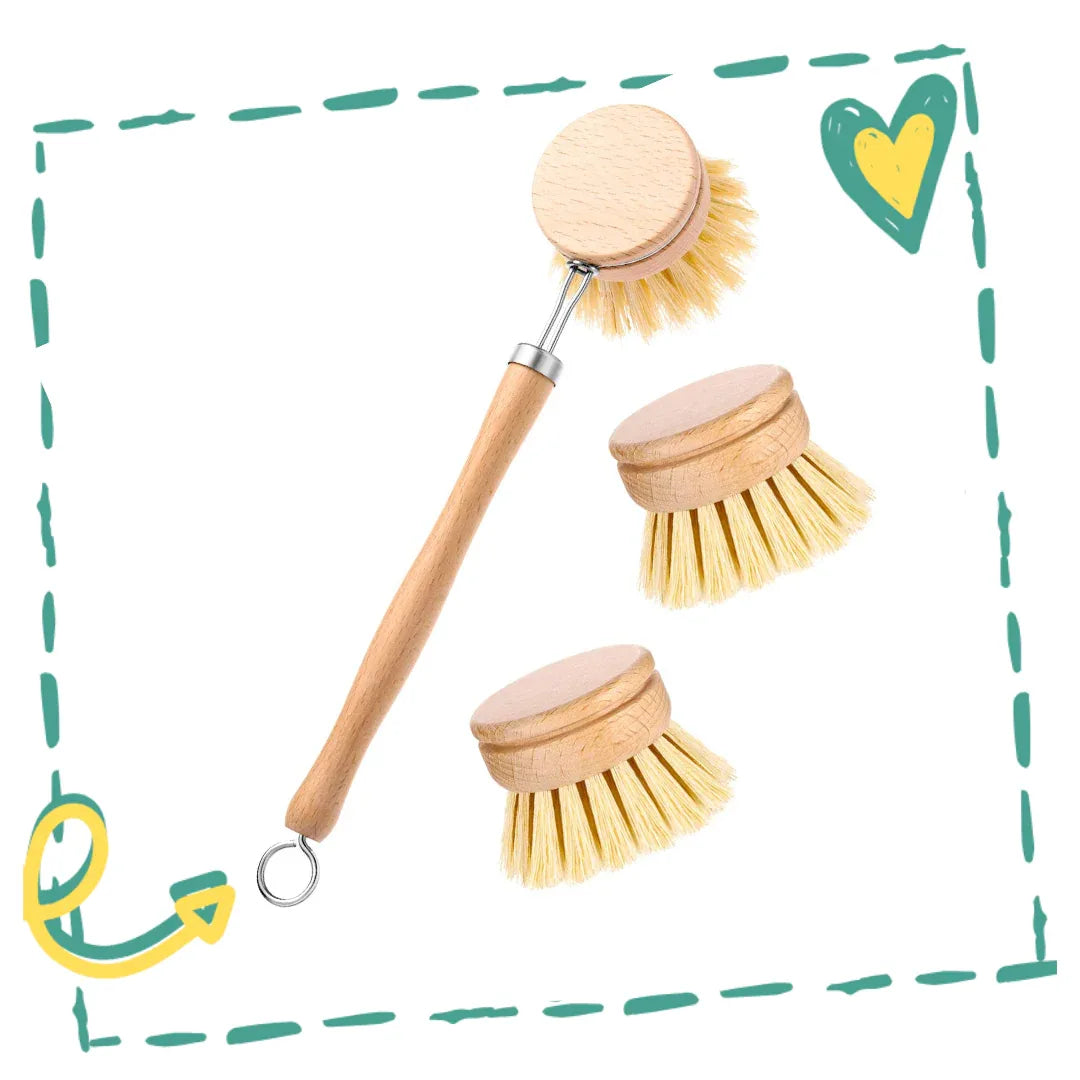Wooden dish brush with two replaceable sisal brush heads on a white background.