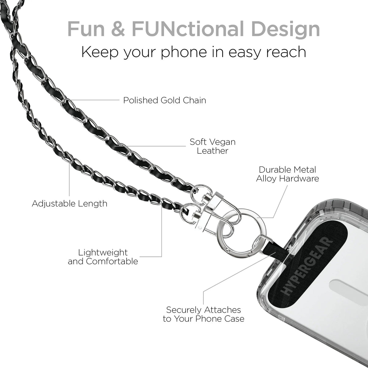 HyperGear TECHcessories Silver Chain with Black Vegan Leather - Snagva