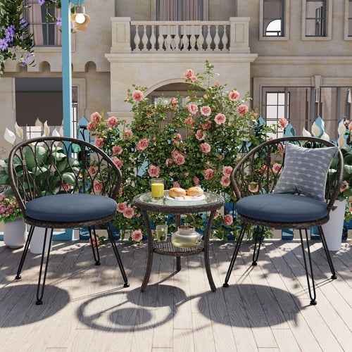 Outdoor Leisure Set, 2 Rattan Single Chairs with A Glass Round Table,