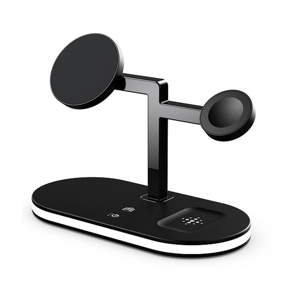 4-in-1 aluminum alloy magnetic wireless charger stand with LED lamp for smartphone, wireless earbuds, and smartwatch