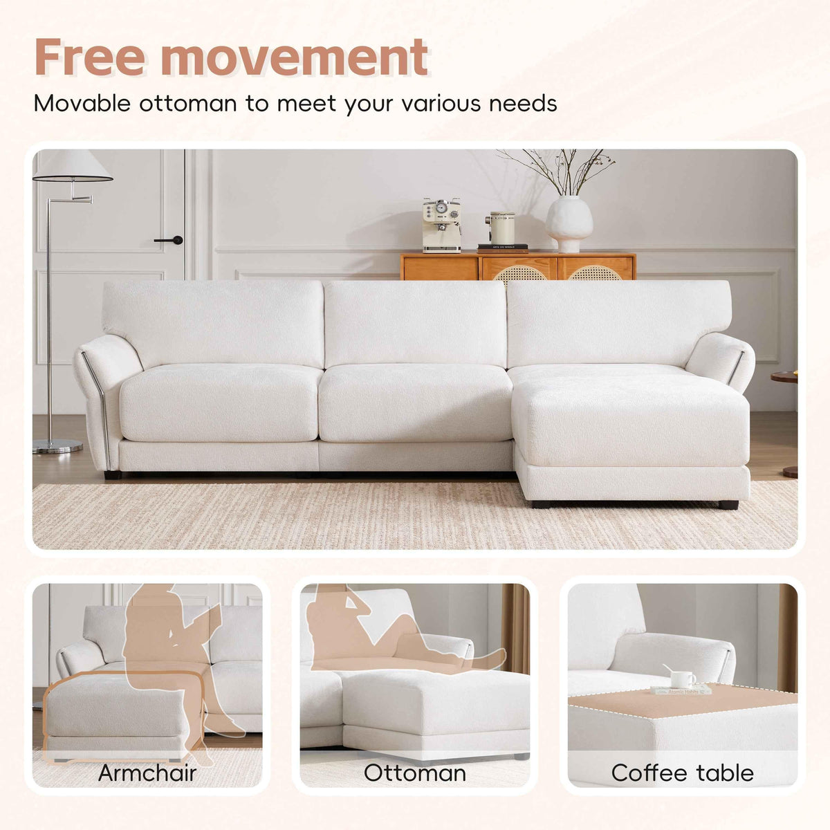 Large L-shaped white chenille sectional sofa with extra-wide cushions and built-in USB charging ports.