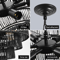 Rustic 4-Tier Black Hemp Rope Chandelier with 6 E12 Sockets, UL Listed